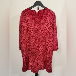 Vibrant Red Floral V-Neck Hooded Tunic Top